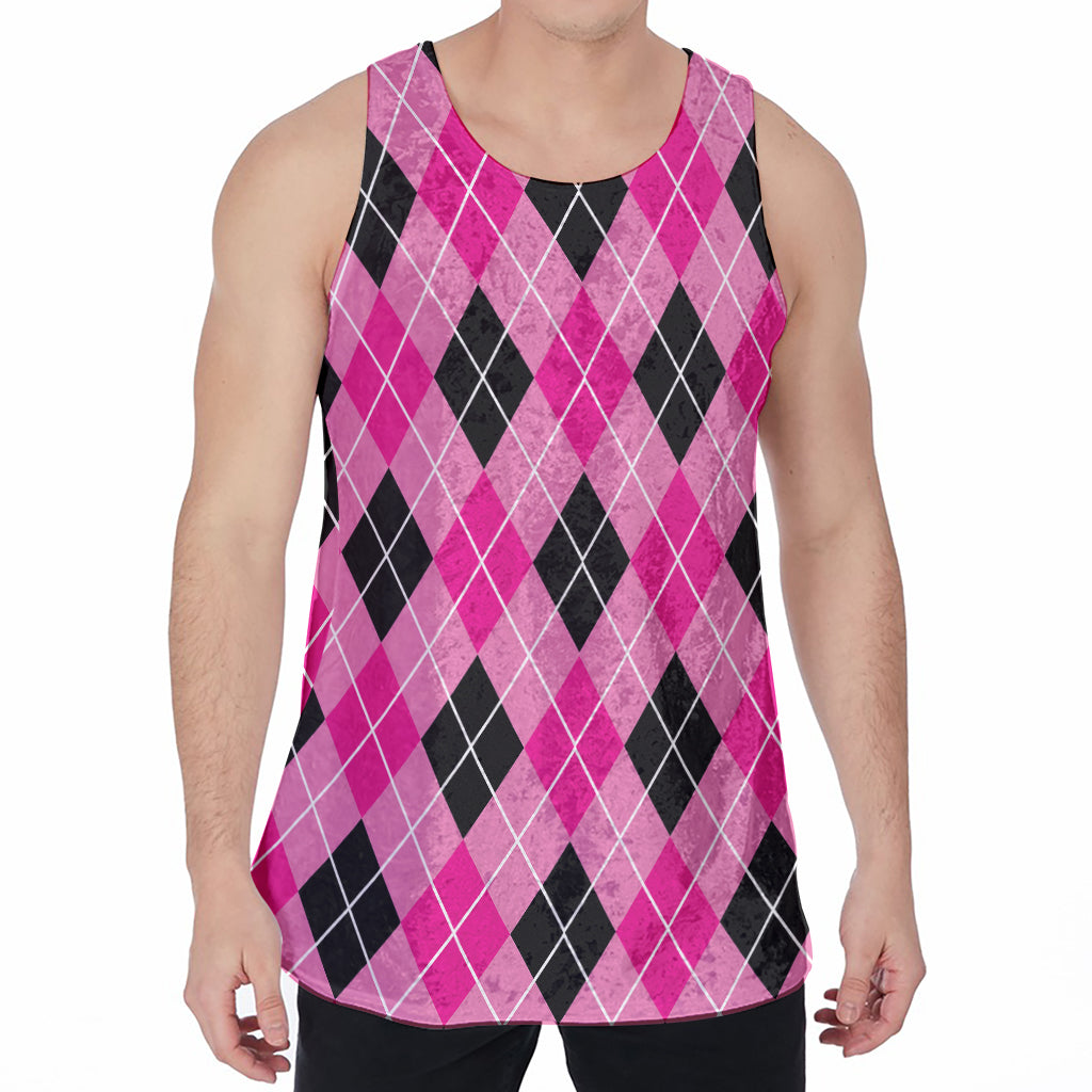 Black And Pink Argyle Pattern Print Men's Velvet Tank Top
