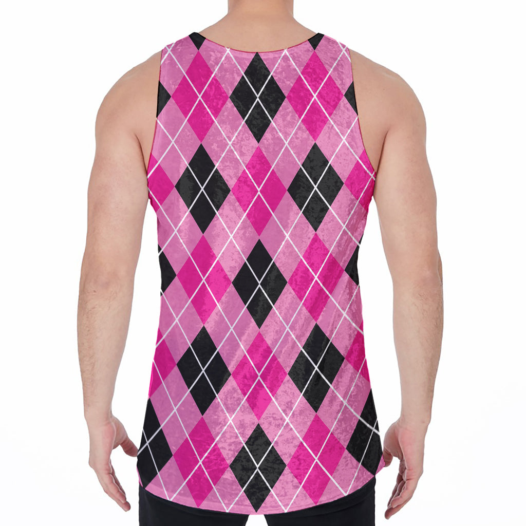Black And Pink Argyle Pattern Print Men's Velvet Tank Top