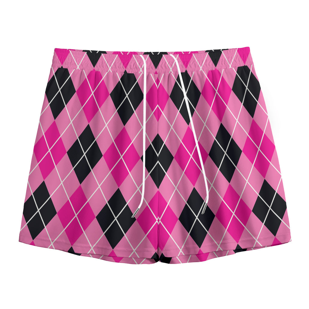 Black And Pink Argyle Pattern Print Mesh Shorts