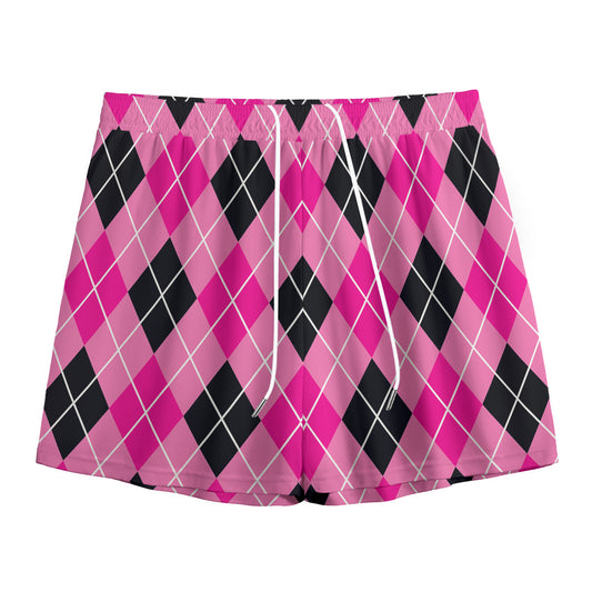 Black And Pink Argyle Pattern Print Mesh Shorts