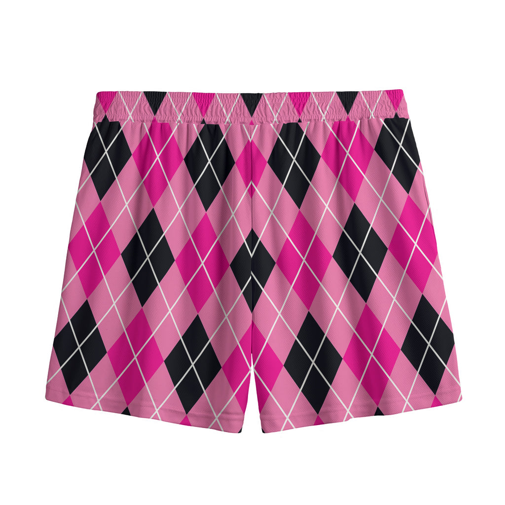 Black And Pink Argyle Pattern Print Mesh Shorts