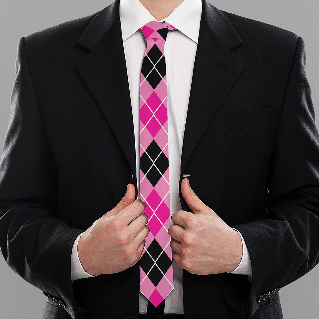 Black And Pink Argyle Pattern Print Necktie