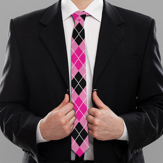 Black And Pink Argyle Pattern Print Necktie