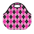 Black And Pink Argyle Pattern Print Neoprene Lunch Bag