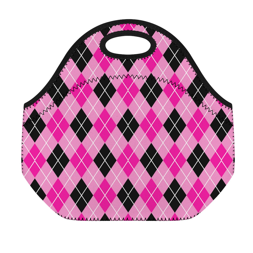 Black And Pink Argyle Pattern Print Neoprene Lunch Bag