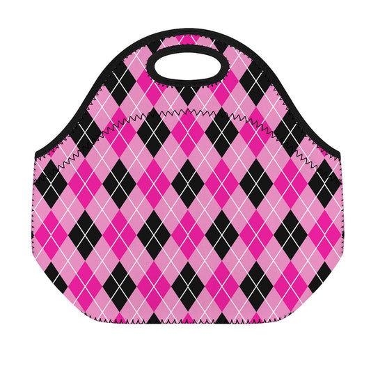 Black And Pink Argyle Pattern Print Neoprene Lunch Bag