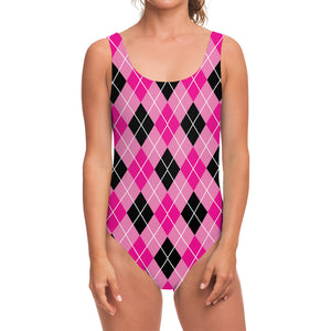 Black And Pink Argyle Pattern Print One Piece Swimsuit