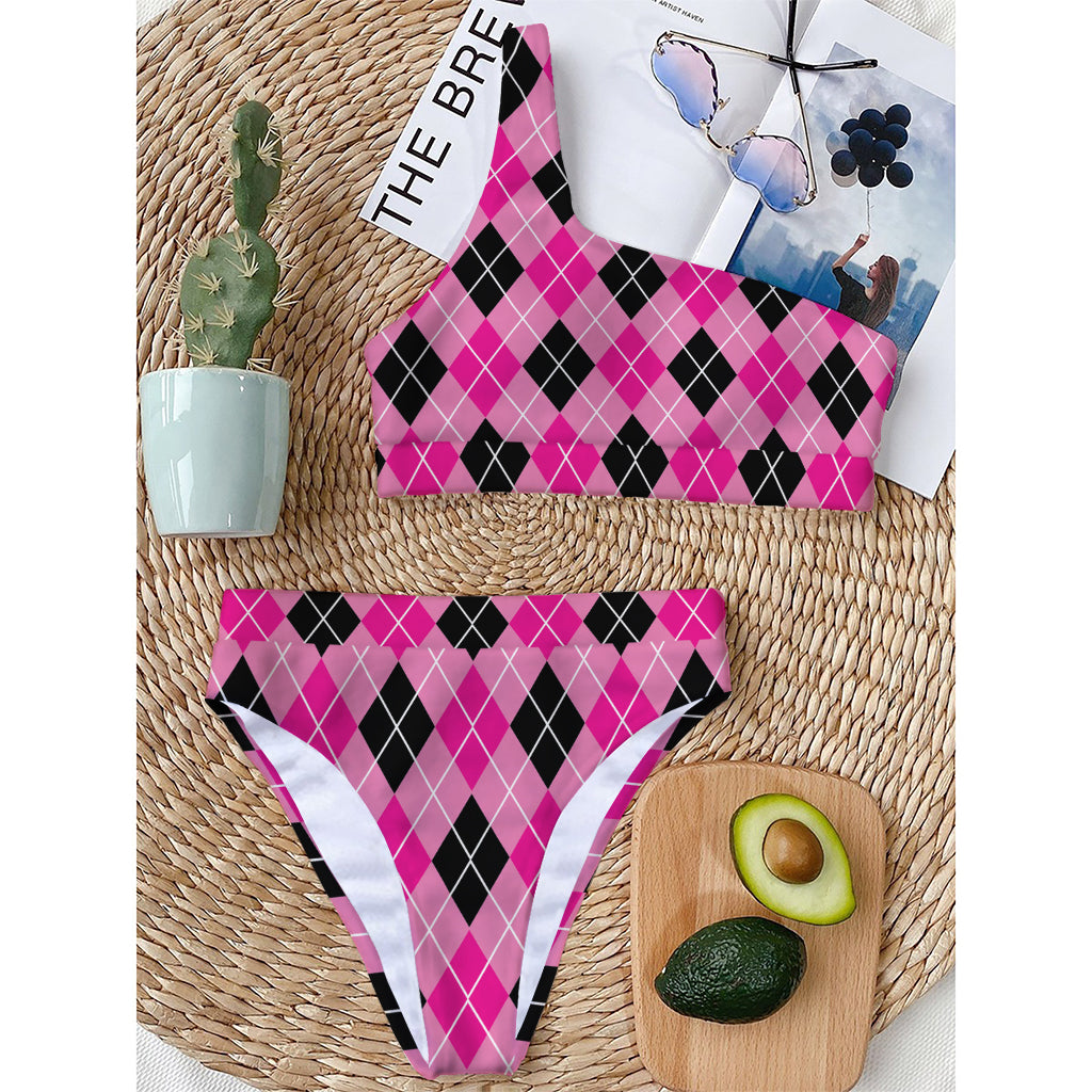 Black And Pink Argyle Pattern Print One Shoulder Bikini Top