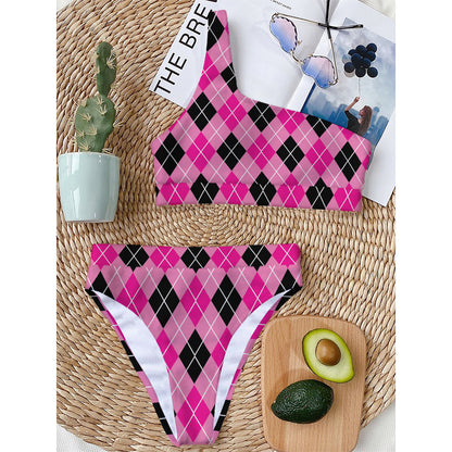 Black And Pink Argyle Pattern Print One Shoulder Bikini Top