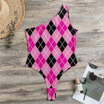 Black And Pink Argyle Pattern Print One Shoulder Bodysuit