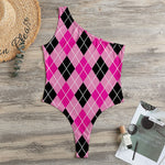 Black And Pink Argyle Pattern Print One Shoulder Bodysuit