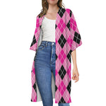 Black And Pink Argyle Pattern Print Open Front Beach Cover Up