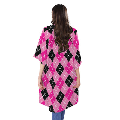 Black And Pink Argyle Pattern Print Open Front Beach Cover Up