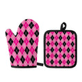 Black And Pink Argyle Pattern Print Oven Mitt And Pot Holder Set