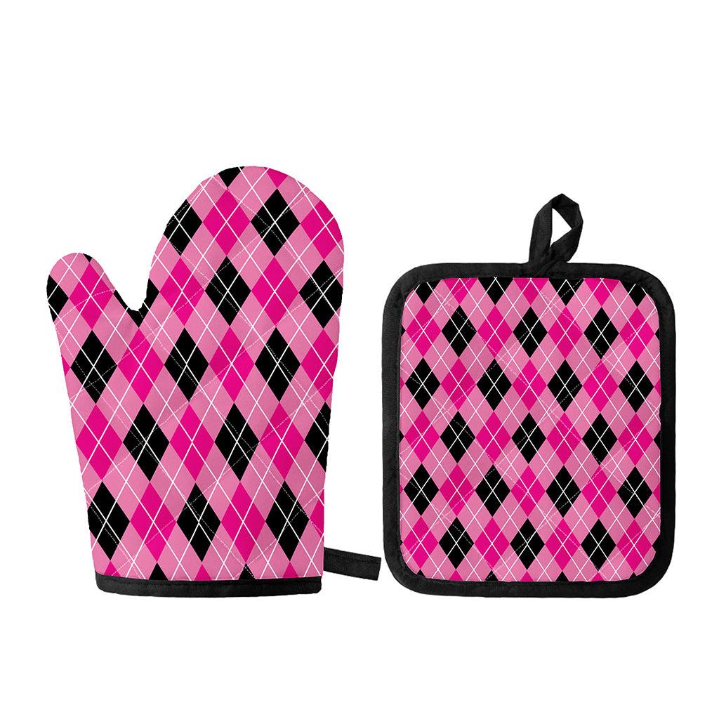 Black And Pink Argyle Pattern Print Oven Mitt And Pot Holder Set