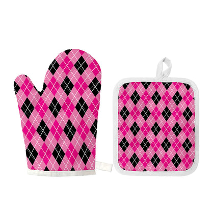 Black And Pink Argyle Pattern Print Oven Mitt And Pot Holder Set