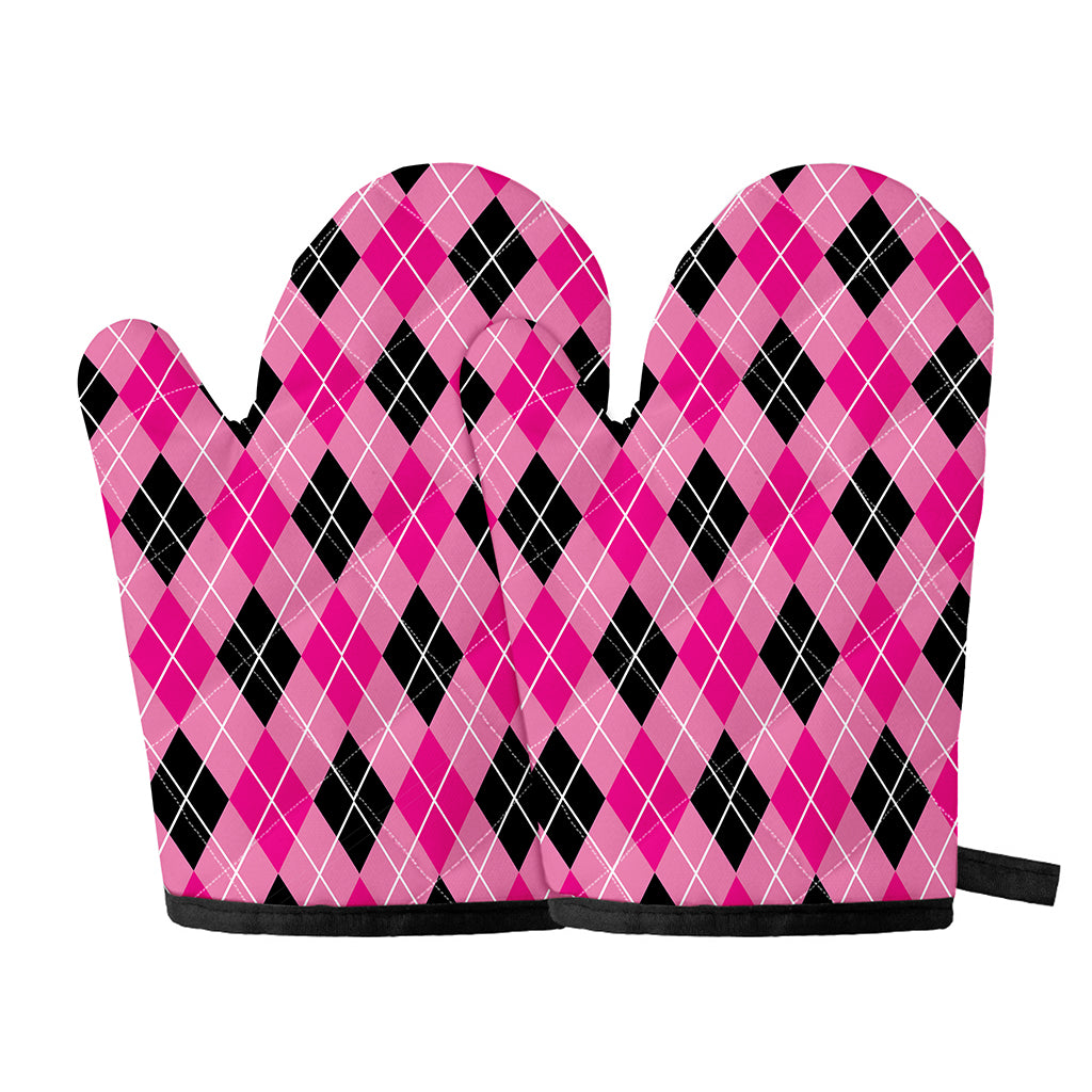 Black And Pink Argyle Pattern Print Oven Mitts