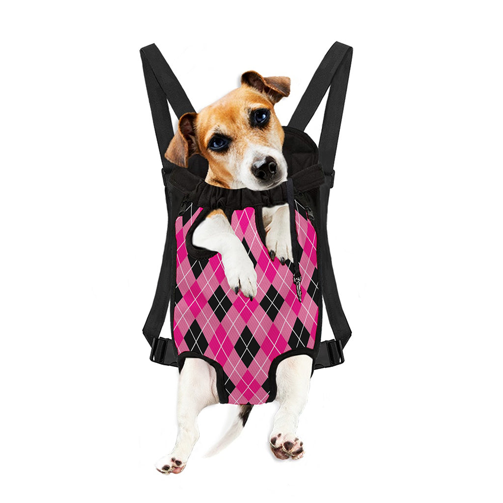 Black And Pink Argyle Pattern Print Pet Carrier Backpack