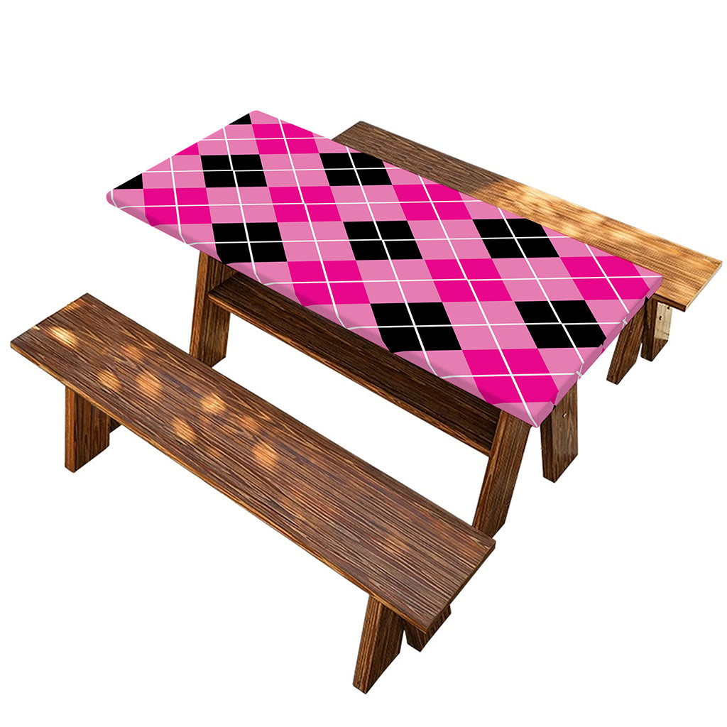 Black And Pink Argyle Pattern Print Picnic Table Cover
