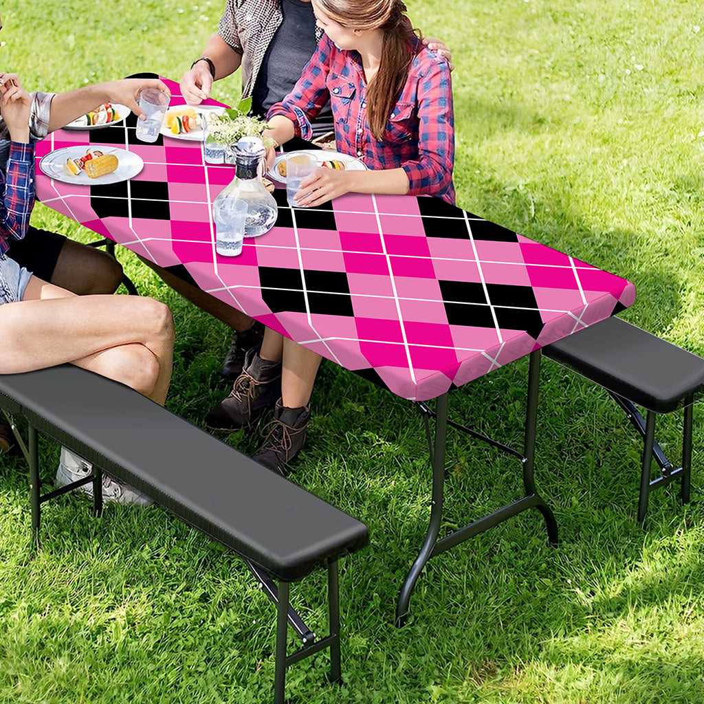 Black And Pink Argyle Pattern Print Picnic Table Cover