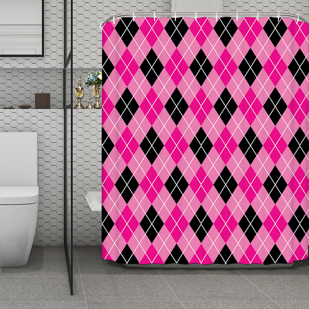 Black And Pink Argyle Pattern Print Polyester Shower Curtain