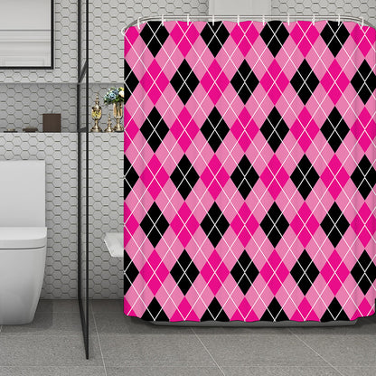 Black And Pink Argyle Pattern Print Polyester Shower Curtain
