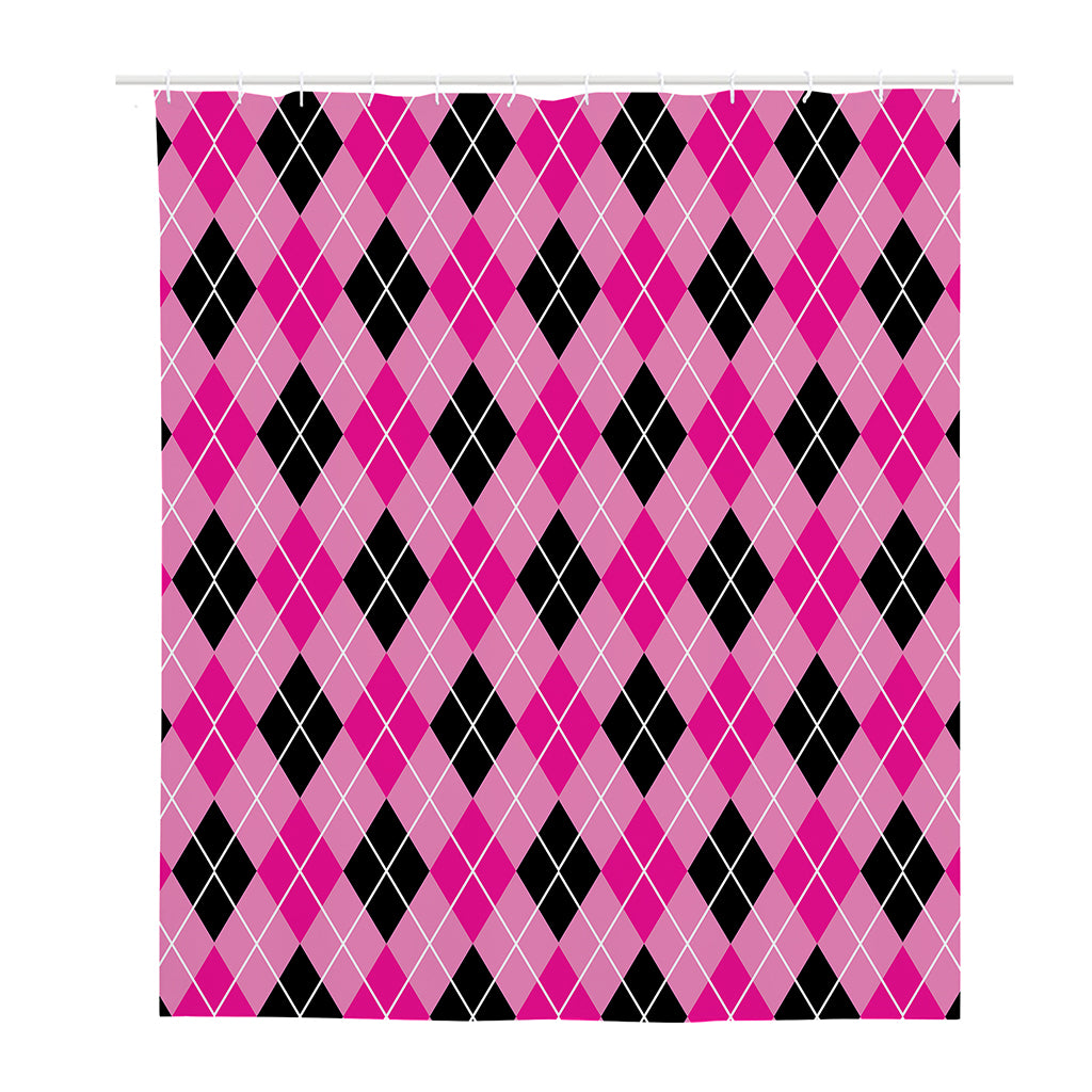 Black And Pink Argyle Pattern Print Polyester Shower Curtain