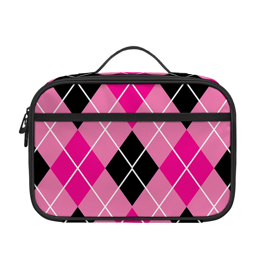 Black And Pink Argyle Pattern Print Portable Lunch Bag