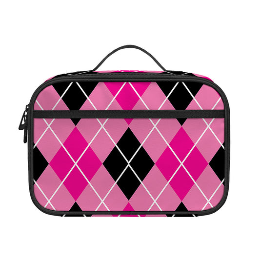 Black And Pink Argyle Pattern Print Portable Lunch Bag
