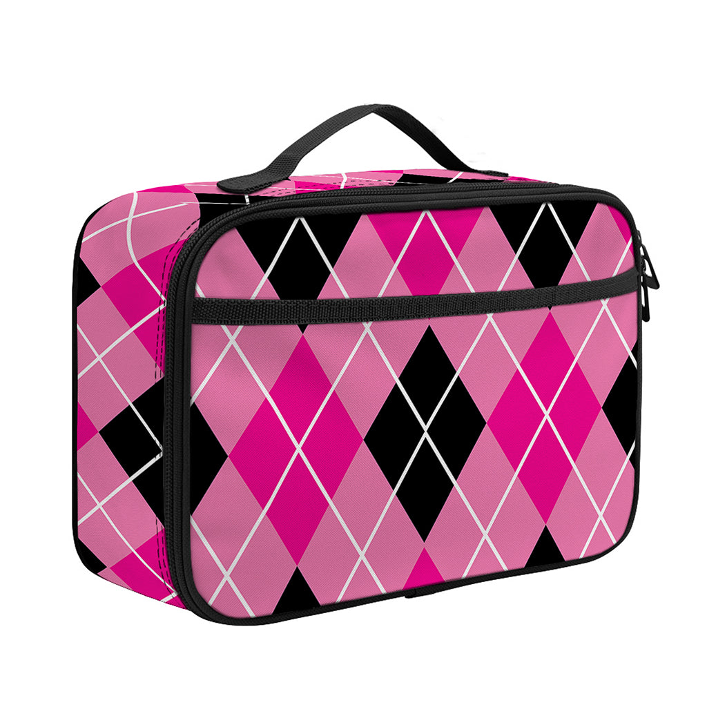 Black And Pink Argyle Pattern Print Portable Lunch Bag