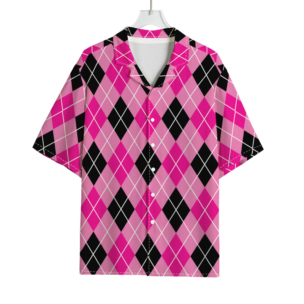 Black And Pink Argyle Pattern Print Rayon Hawaiian Shirt