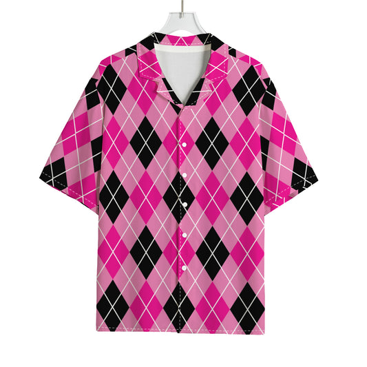 Black And Pink Argyle Pattern Print Rayon Hawaiian Shirt