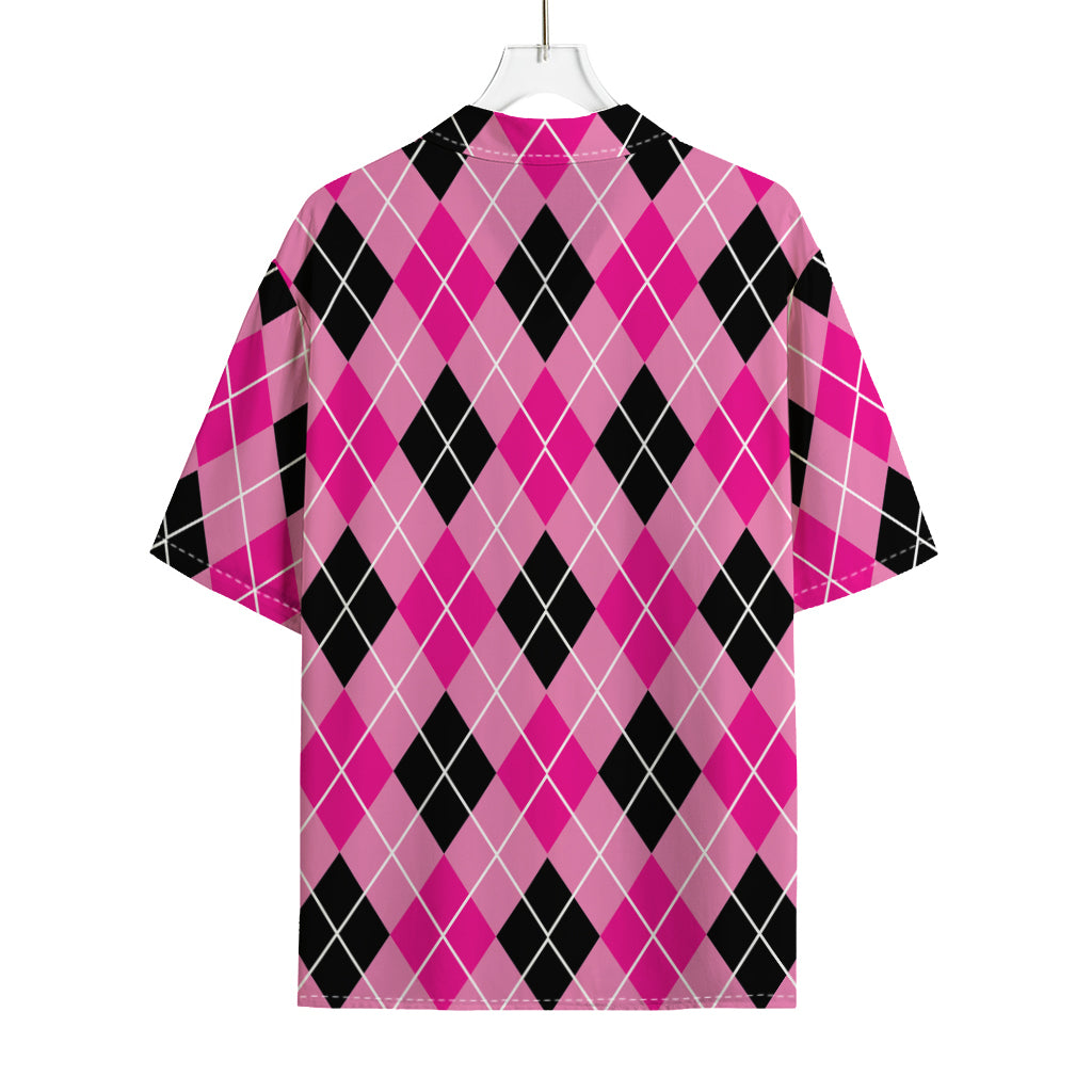 Black And Pink Argyle Pattern Print Rayon Hawaiian Shirt