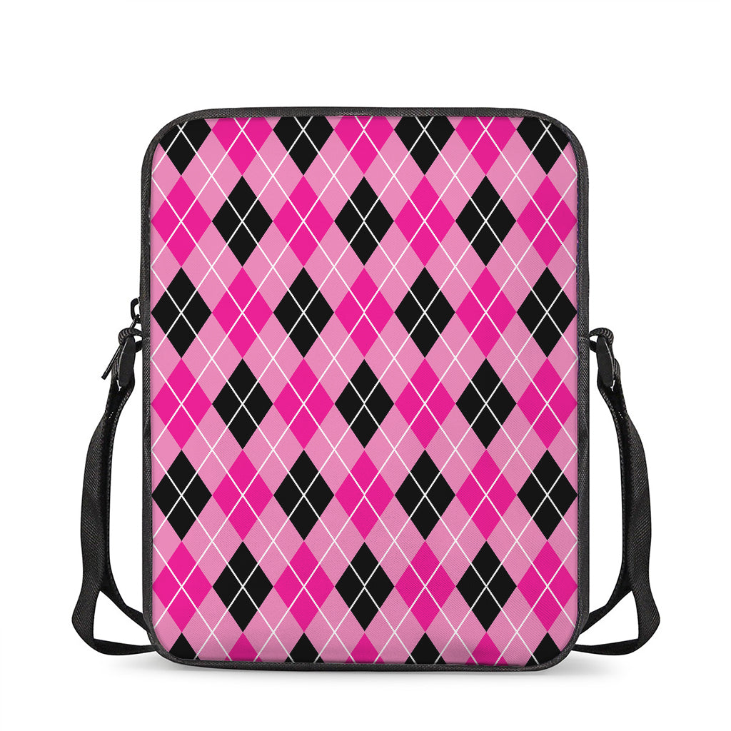 Black And Pink Argyle Pattern Print Rectangular Crossbody Bag