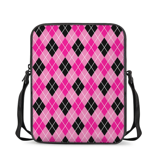Black And Pink Argyle Pattern Print Rectangular Crossbody Bag