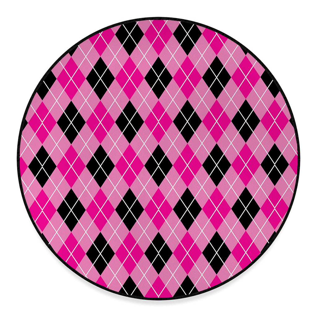 Black And Pink Argyle Pattern Print Round Floor Mat