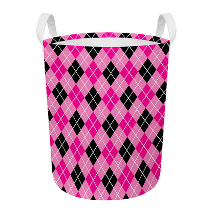 Black And Pink Argyle Pattern Print Round Laundry Basket