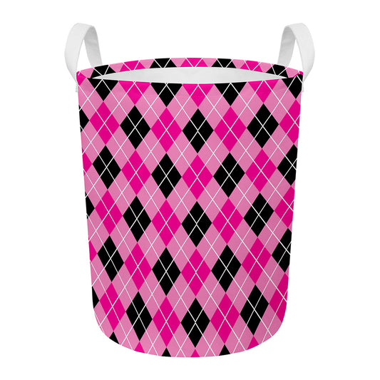 Black And Pink Argyle Pattern Print Round Laundry Basket