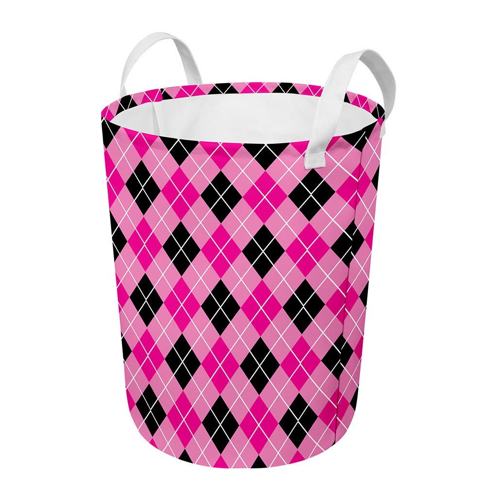 Black And Pink Argyle Pattern Print Round Laundry Basket