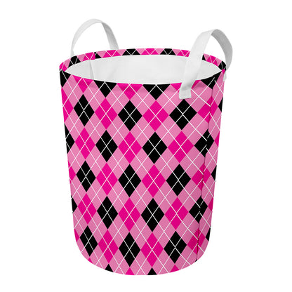 Black And Pink Argyle Pattern Print Round Laundry Basket