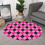 Black And Pink Argyle Pattern Print Round Rug