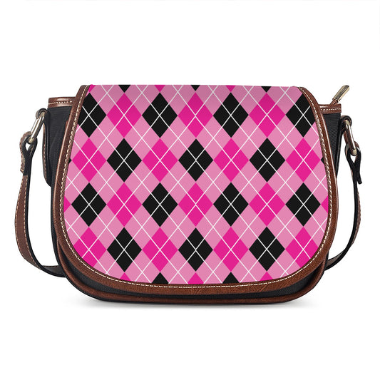 Black And Pink Argyle Pattern Print Saddle Bag