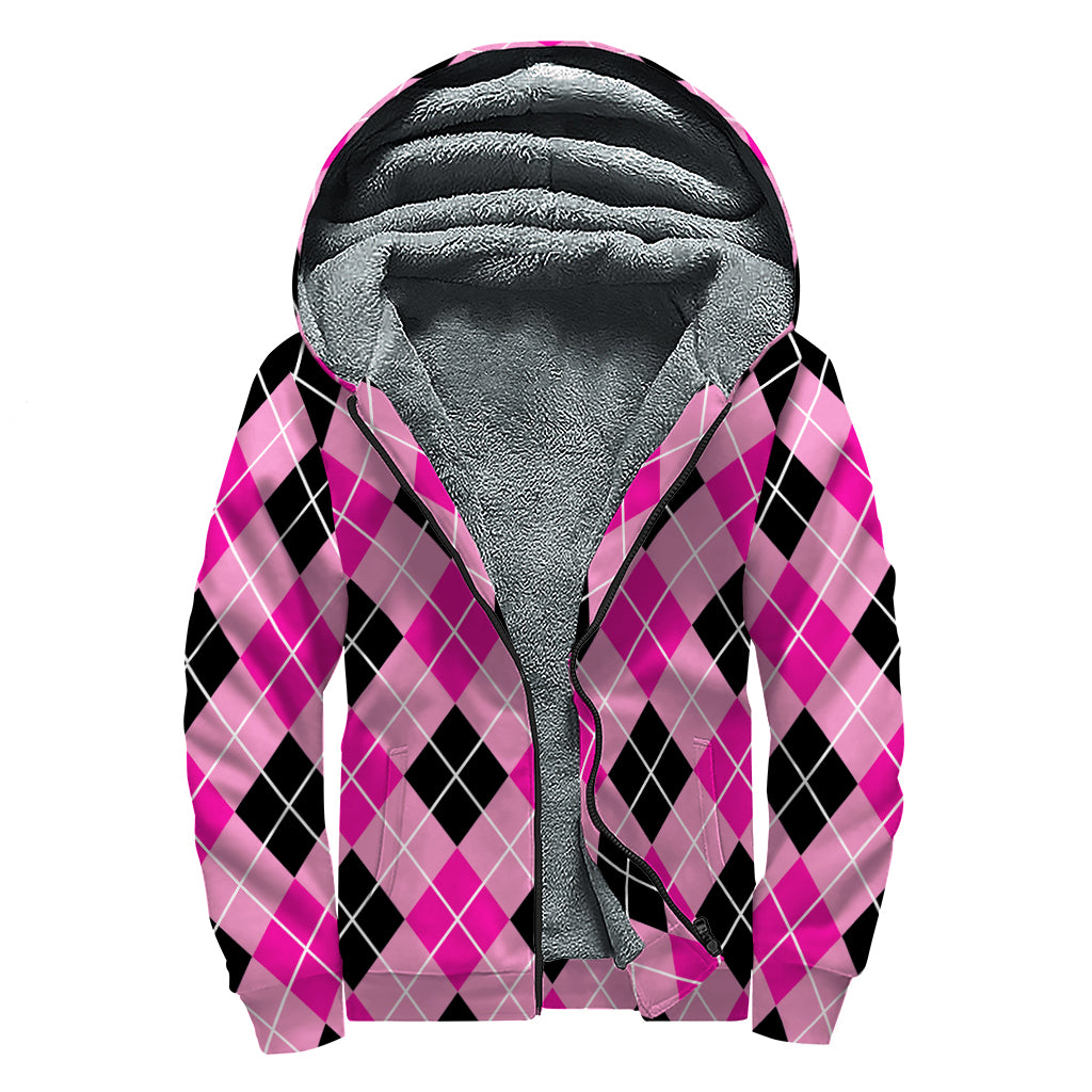 Black And Pink Argyle Pattern Print Sherpa Lined Zip Up Hoodie