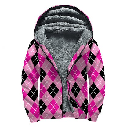 Black And Pink Argyle Pattern Print Sherpa Lined Zip Up Hoodie