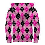Black And Pink Argyle Pattern Print Sherpa Lined Zip Up Hoodie