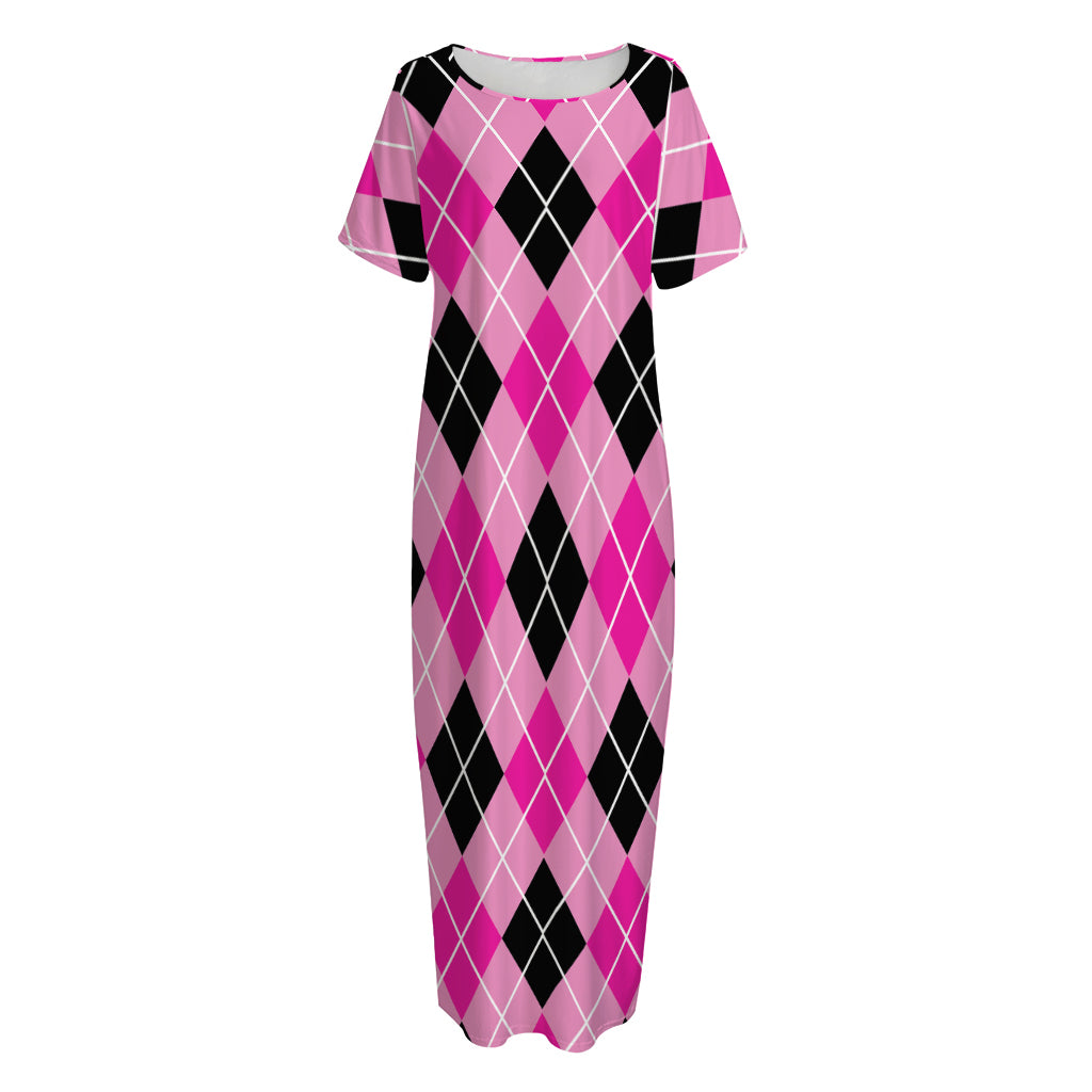 Black And Pink Argyle Pattern Print Short Sleeve Long Nightdress