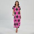 Black And Pink Argyle Pattern Print Short Sleeve Maxi Dress