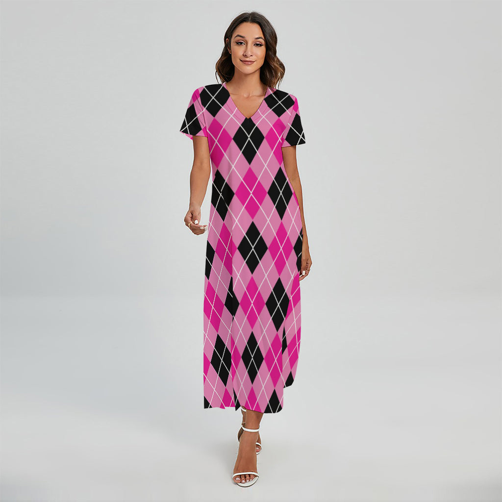 Black And Pink Argyle Pattern Print Short Sleeve Maxi Dress