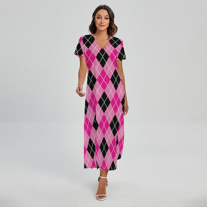 Black And Pink Argyle Pattern Print Short Sleeve Maxi Dress