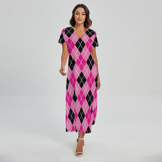Black And Pink Argyle Pattern Print Short Sleeve Maxi Dress